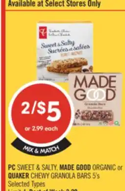 Shoppers Drug Mart PC SWEET & SALTY, MADE GOOD ORGANIC or QUAKER CHEWY GRANOLA BARS 5's offer