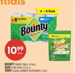 Shoppers Drug Mart BOUNTY PAPER TOWEL (4 Roll), GAIN FLING PODS (31's) or IVORY LIQUID LAUNDRY DETERGENT (1.36L) offer