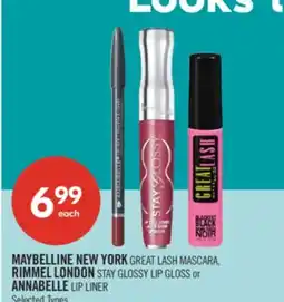 Shoppers Drug Mart MAYBELLINE NEW YORK GREAT LASH MASCARA, RIMMEL LONDON STAY GLOSSY LIP GLOSS or ANNABELLE LIP LINER offer