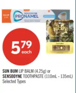 Shoppers Drug Mart SUN BUM LIP BALM (4.25g) or SENSODYNE TOOTHPASTE (110mL - 135mL) offer