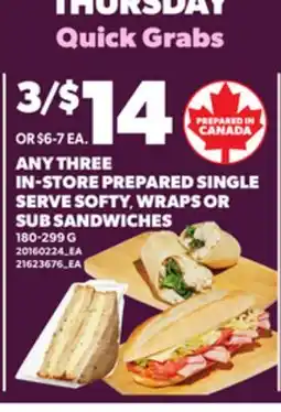 Independent City Market ANY THREE IN-STORE PREPARED SINGLE SERVE SOFTY, WRAPS OR SUB SANDWICHES offer