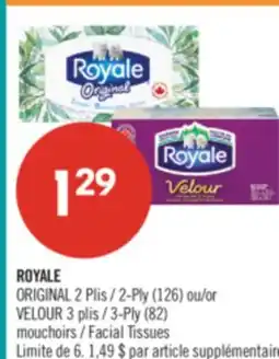 Pharmaprix ROYALE ORIGINAL 2-Ply (126) or VELOUR 3-Ply (82) Facial Tissues offer