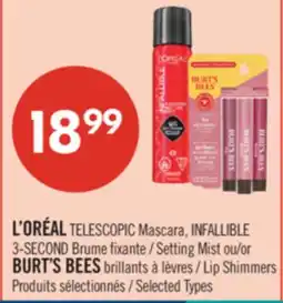 Pharmaprix L'ORÉAL TELESCOPIC Mascara, INFALLIBLE 3-SECOND Setting Mist or BURT'S BEES Lip Shimmers offer