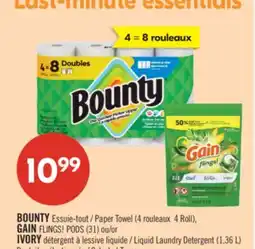 Pharmaprix BOUNTY Paper Towels (4 Roll), GAIN FLINGS! PODS (31) or IVORY Liquid Laundry Detergent (1.36 L) offer