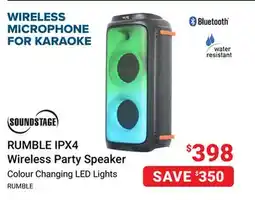 Visions Electronics Soundstage RUMBLE IPX4 Wireless Party Speaker offer