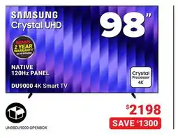 Visions Electronics SAMSUNG 98 Crystal UHD NATIVE 120Hz PANEL DU9000 4K Smart TV offer