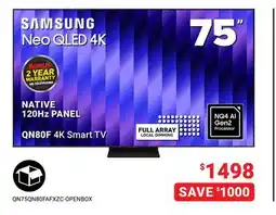Visions Electronics SAMSUNG 75 120Hz PANEL QN80F 4K Smart TV offer