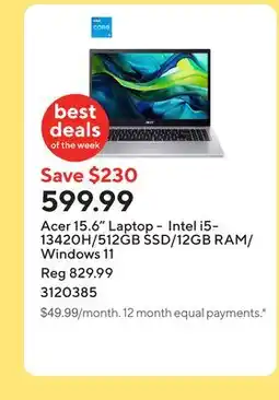 Staples Acer 15.6 Laptop - Intel i5-13420H/512GB SSD/12GB RAM/Windows 11 offer