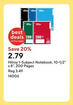 Staples Hilroy 1-Subject Notebook, 10-1/2 x 8, 200 Pages offer