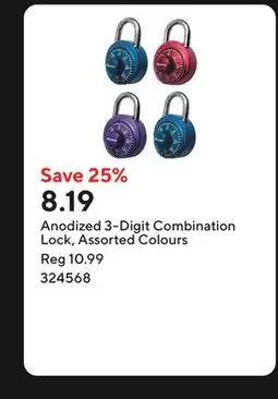 Staples Anodized 3-Digit Combination Lock, Assorted Colours offer