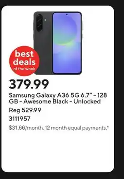 Staples Samsung Galaxy A36 5G 6.7 - 128 GB - Awesome Black - Unlocked offer