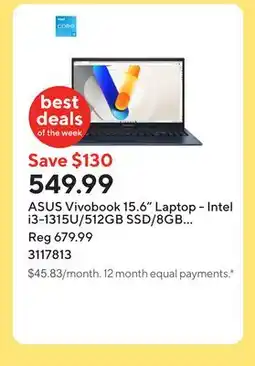 Staples ASUS Vivobook 15.6 Laptop - Intel i3-1315U/512GB SSD/8GB RAM/Windows 11 Home offer