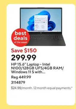 Staples HP 15.6 Laptop - Intel N100/128GB UFS/4GB RAM/Windows 11 S with 1-year of Microsoft 365 offer