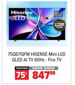 2001 Audio Video 75QD7QFM 75 HISENSE Mini-LED QLED AI TV 60Hz - Fire TV offer
