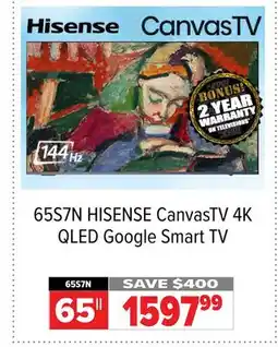 2001 Audio Video 65S7N HISENSE CanvasTV 4K QLED Google Smart TV offer