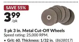 Princess Auto Grit: 60. Thickness: 1/32 in. 5 pk 3 in. Metal Cut-OffWheels offer