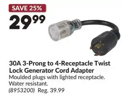 Princess Auto 30A 3-Prong to 4-Receptacle Twist Lock Generator Cord Adapter offer