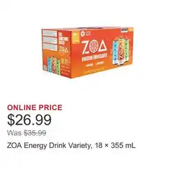 Costco ZOA Energy Drink Variety, 18 × offer