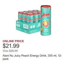Costco Alani Nu Juicy Peach Energy Drink, 355 ml, 12-pack offer