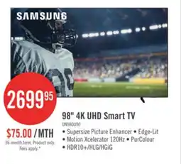 The Brick Samsung 98 4K UHD Edge Lit Dynamic Crystal Colour HDR10+ 120Hz Smart TV (UN98DU9000FXZC) offer
