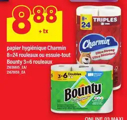 Maxi PAPIER HYGIÉNIQUE CHARMIN 8=24 ROULEAUX OU ESSUIE-TOUT BOUNTY 3=6 ROULEAUX offer