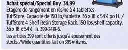 Canadian Tire TuffStore 4-Shelf Resin Storage Rack. shelf capacity. 36 x 18 x 541⁄2˝ h offer