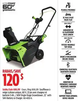 Canadian Tire 60V Single-Stage Snowblower, 22 with 5Ah Battery & Charger offer