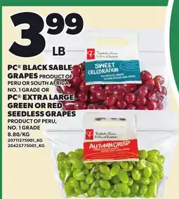 Loblaws PC BLACK SABLE GRAPES OR PC EXTRA LARGE GREEN OR RED SEEDLESS GRAPES offer