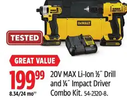 Canadian Tire Dewalt 20V MAX Li-Ion 1⁄2˝ Drill and 1⁄4˝ Impact Driver Combo Kit offer