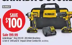 Canadian Tire DEWALT 20V MAX Brushless Li-Ion 1⁄2˝ Drill and 1⁄4˝ Impact Driver Combo Kit offer