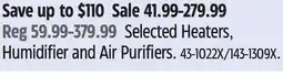 Canadian Tire Selected Heaters, Humidifier and Air Purifiers offer
