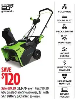 Canadian Tire Greenworks 60V Single-Stage Snowblower, 22 with 5Ah Battery & Charger offer