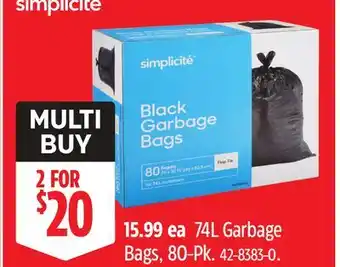 Canadian Tire SIMPLICITE 74L Garbage Bags offer