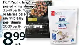 Fortinos PC PACIFIC LARGE RAW PEELED WHITE SHRIMP, 400 G OR MARINA DEL REY RAW WILD EASY PEEL SHRIMP, 300 G offer