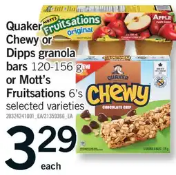 Fortinos QUAKER CHEWY OR DIPPS GRANOLA BARS 120-156 G OR MOTT'S FRUITSATIONS 6'S offer