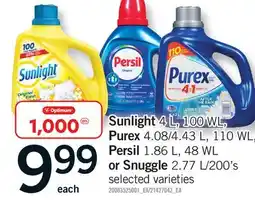 Fortinos SUNLIGHT, 4 L, 100 WL, PUREX 4.08/4.43 L, 110 WL, PERSIL, 1.86 L, 48 WL or SNUGGLE, 2.77 L/200's offer