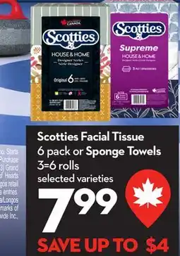 Longo's Scotties Facial Tissue 6 pack or Sponge Towels 3 = 6 rolls offer