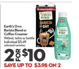 Longo's Earth's Own Barista Blend or Coffee Creamer offer