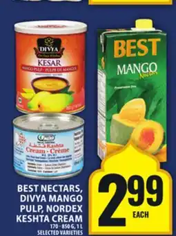 Food Basics BEST NECTARS, DIVYA MANGO PULP, NORDEX KESHTA CREAM offer