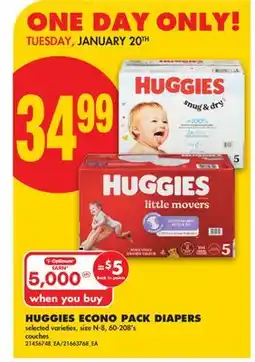 No Frills HUGGIES ECONO PACK DIAPERS, size N-8, 60-208's offer