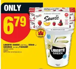 No Frills LIBERTÉ GREEK 650/750 g, iÖGO or SOURCE 16x100 g YOGURT offer
