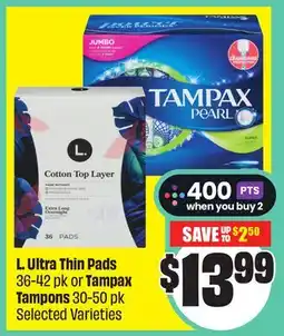 FreshCo L. Ultra Thin Pads 36-42 pk or Tampax Tampons 30-50 pk Selected Varieties offer