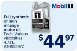 Walmart Mobil 1 Full synthetic or high mileage motor oil offer