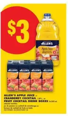 No Frills ALLEN'S APPLE JUICE or CRANBERRY COCKTAIL or FRUIT COCKTAIL DRINK BOXES offer