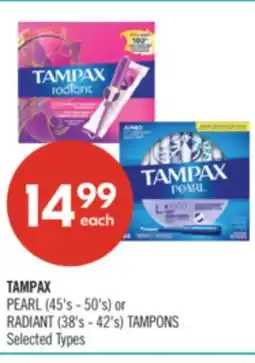 Shoppers Drug Mart TAMPAX PEARL (45's - 50's) or RADIANT (38's - 42's) TAMPONS offer