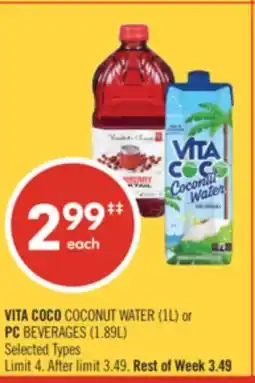 Shoppers Drug Mart VITA COCO COCONUT WATER (1L) or PC BEVERAGES (1.89L) offer