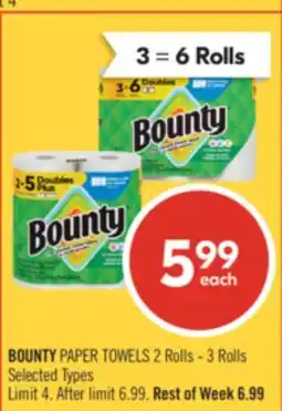 Shoppers Drug Mart BOUNTY PAPER TOWELS 2 Rolls - 3 Rolls offer