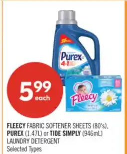Shoppers Drug Mart FLEECY FABRIC SOFTENER SHEETS (80's), PUREX (1.47L) or TIDE SIMPLY (946mL) LAUNDRY DETERGENT offer