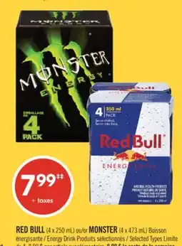 Pharmaprix RED BULL (4 x 250 mL) or MONSTER (4 x 473 mL) Energy Drink offer