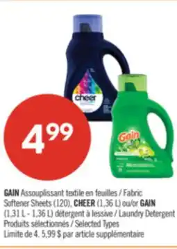 Pharmaprix GAIN Fabric Softener Sheets (120), CHEER (1,36 L) or GAIN (1,31 L - 1,36 L) Laundry Detergent offer